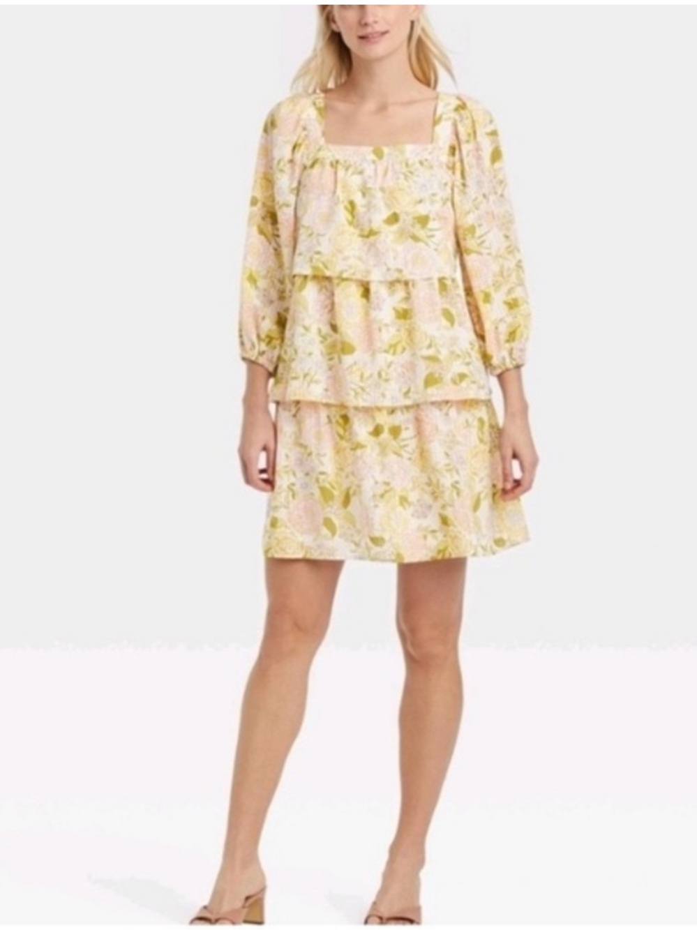 Who What Wear - Tiered Floral Square-Neck Mini / Midi Dress in Floral EUC